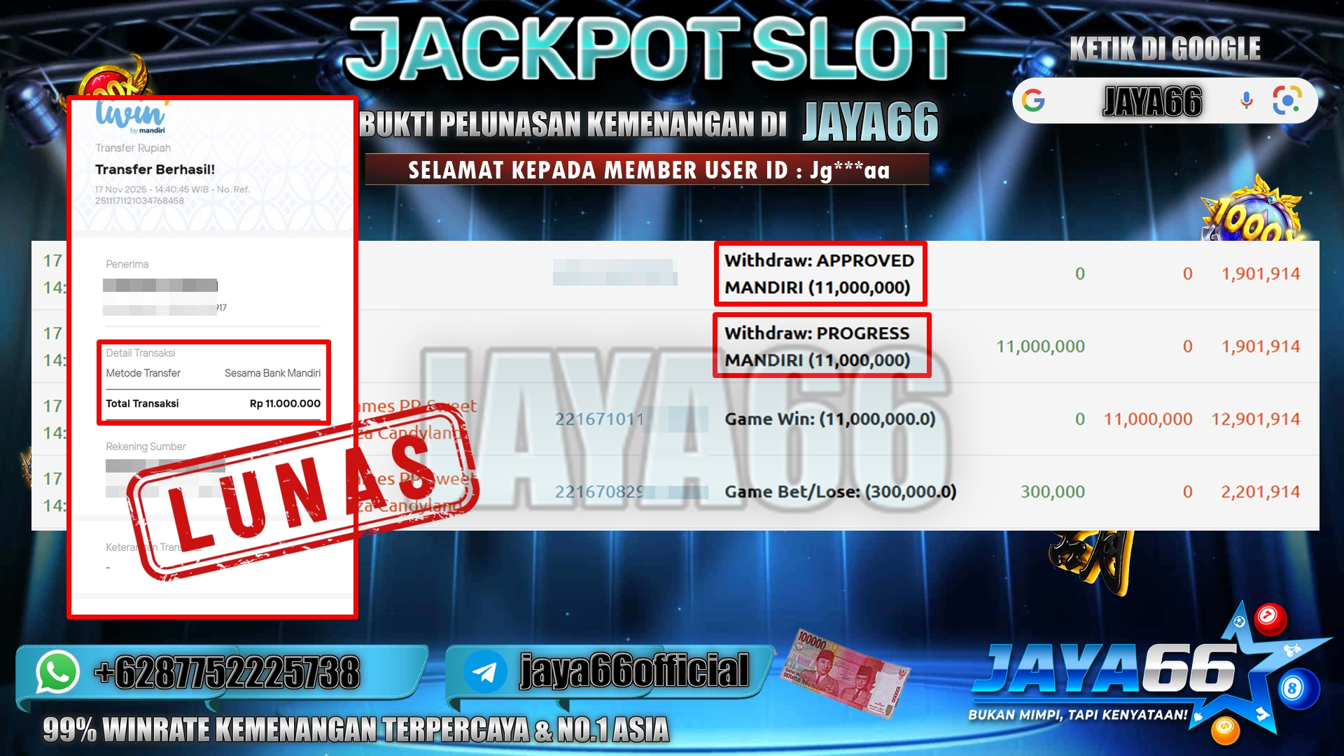 JAYA66 – BUKTI KEMENANGAN LIVE PP CASINO Sweet Bonanza Candyland Rp 11.000.000,- LUNAS