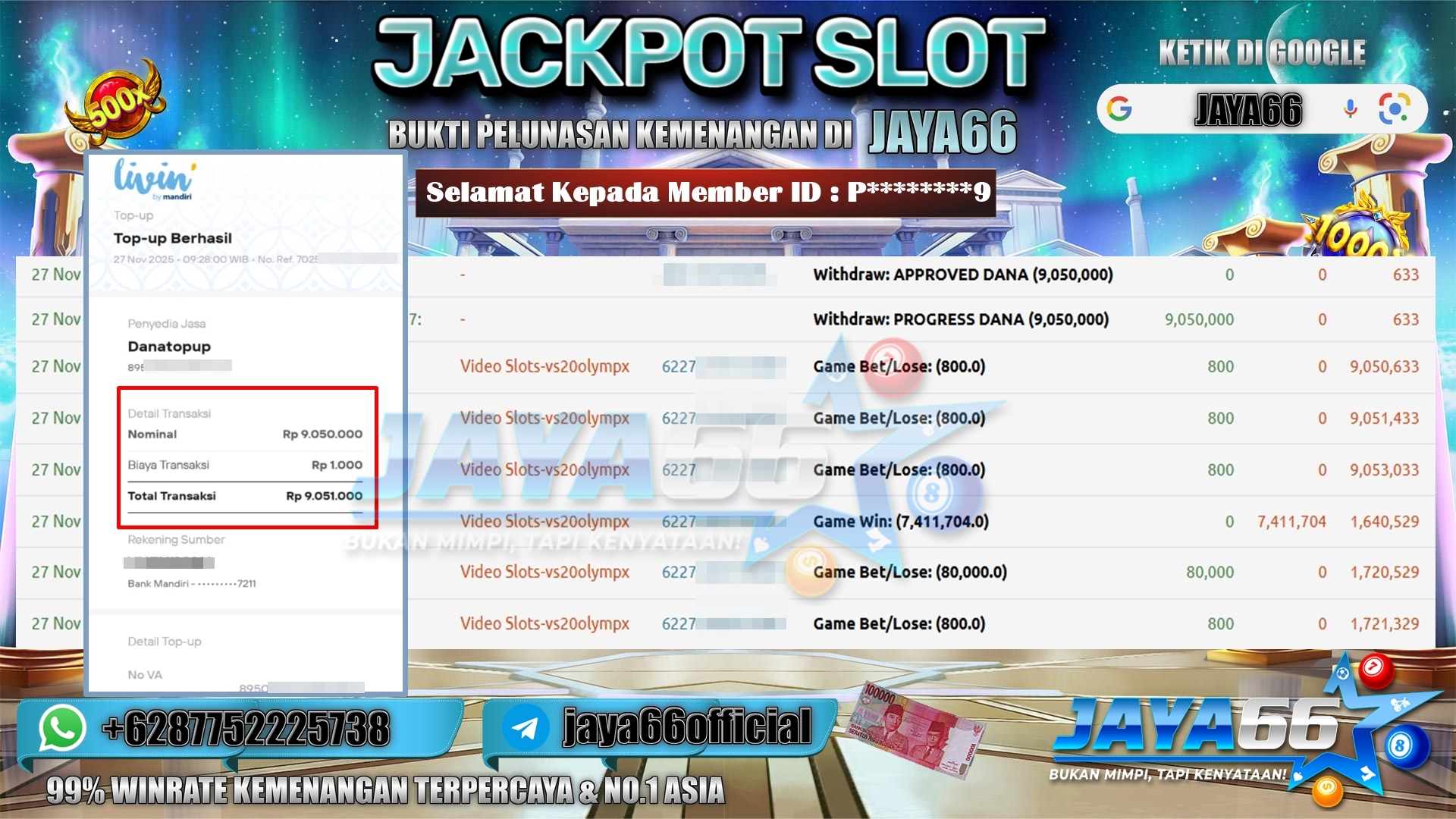 JAYA66 – BUKTI KEMENANGAN SLOT GATES OF OLYMPUS 1000 Rp.9.050.000,- LUNAS