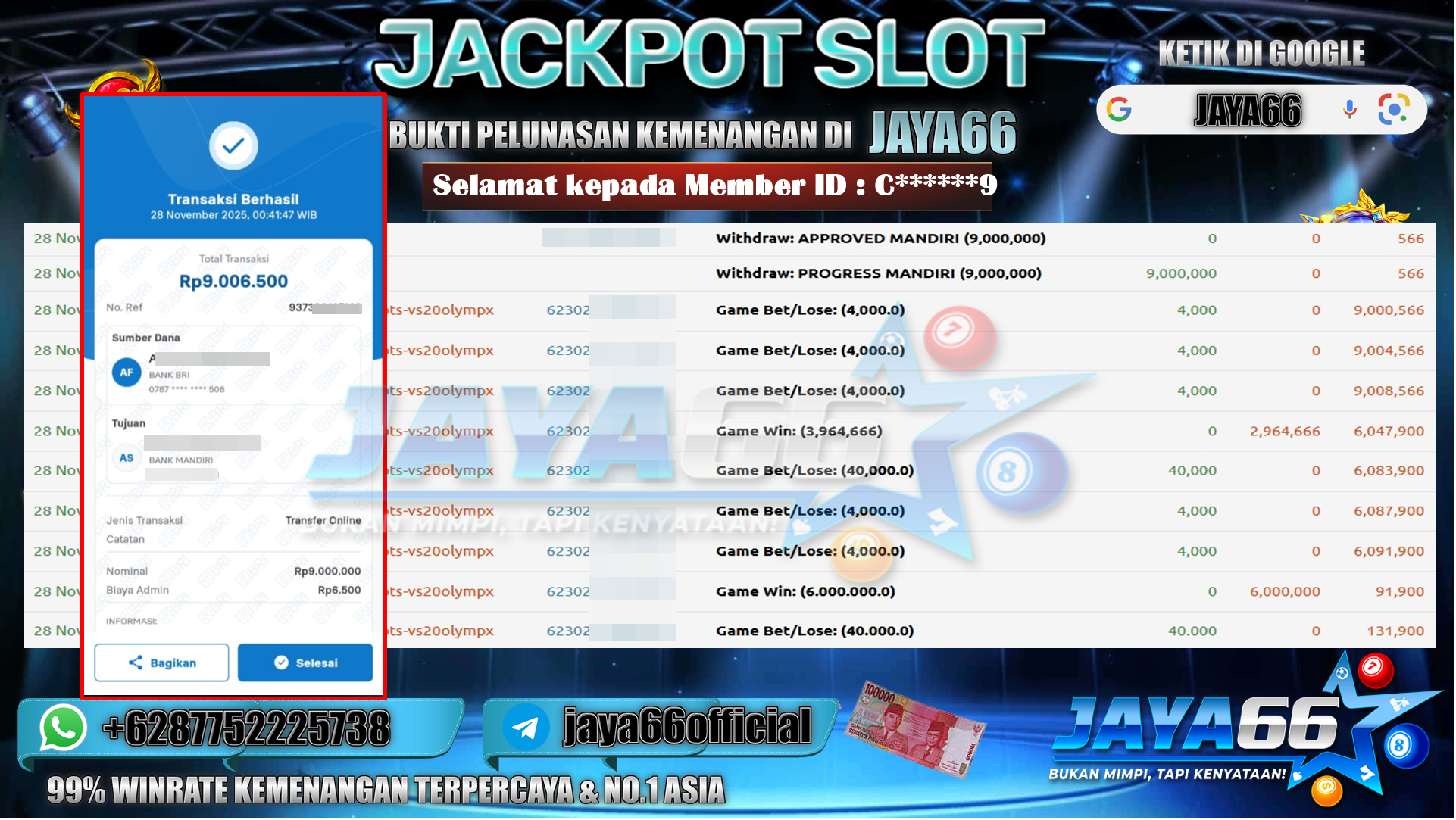 JAYA66 – BUKTI KEMENANGAN SLOT GATES OF OLYMPUS 1000 Rp.9.000.000,- LUNAS