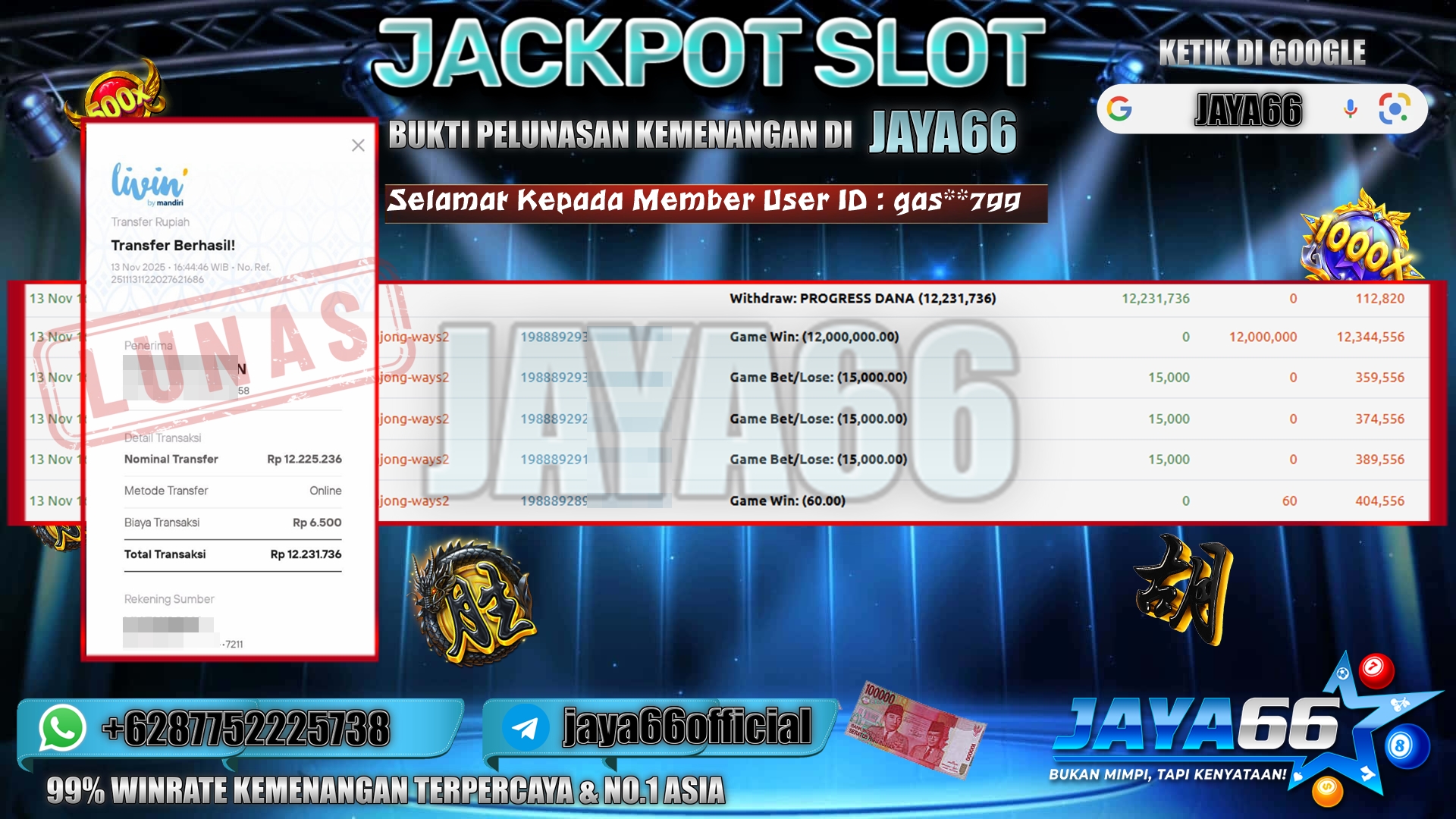 JAYA66 – BUKTI KEMENANGAN SLOT MAHJONG WAYS Rp 12.231.736,- LUNAS