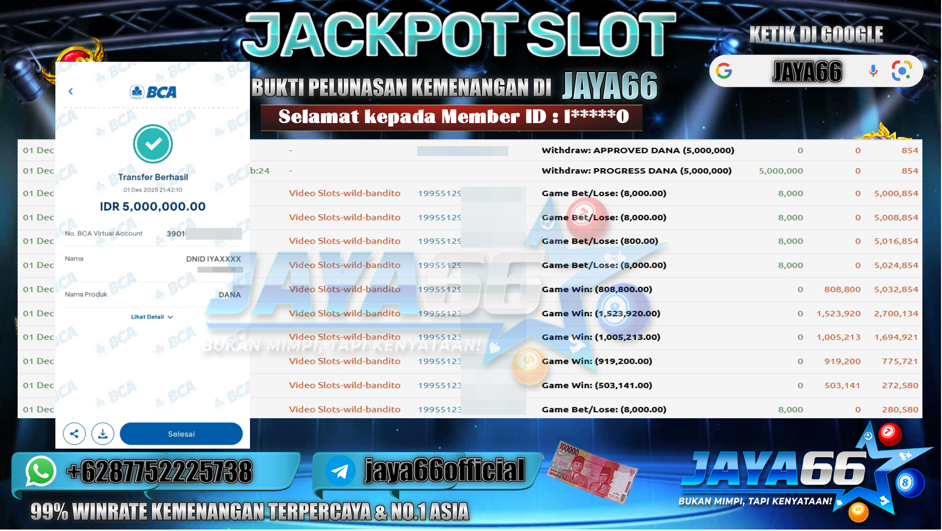 JAYA66 – BUKTI KEMENANGAN SLOT WILD BANDITO Rp.5.000.000,- Tgl: 01 Desember 2025 LUNAS