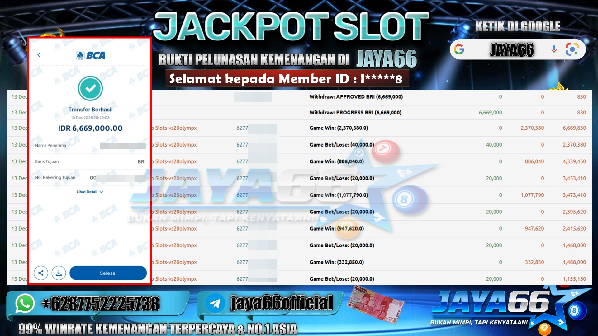 JAYA66 – BUKTI KEMENANGAN SLOT GATES OF OLYMPUS 1000 Rp. 6,669,000,- LUNAS