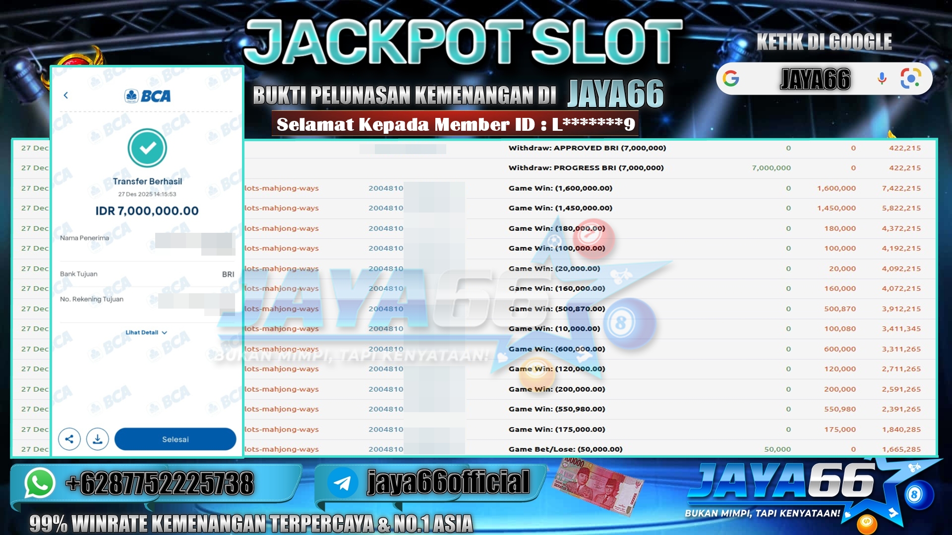 JAYA66 – BUKTI KEMENANGAN SLOT MAHJONG WAYS Rp. 7,000,000,- LUNAS