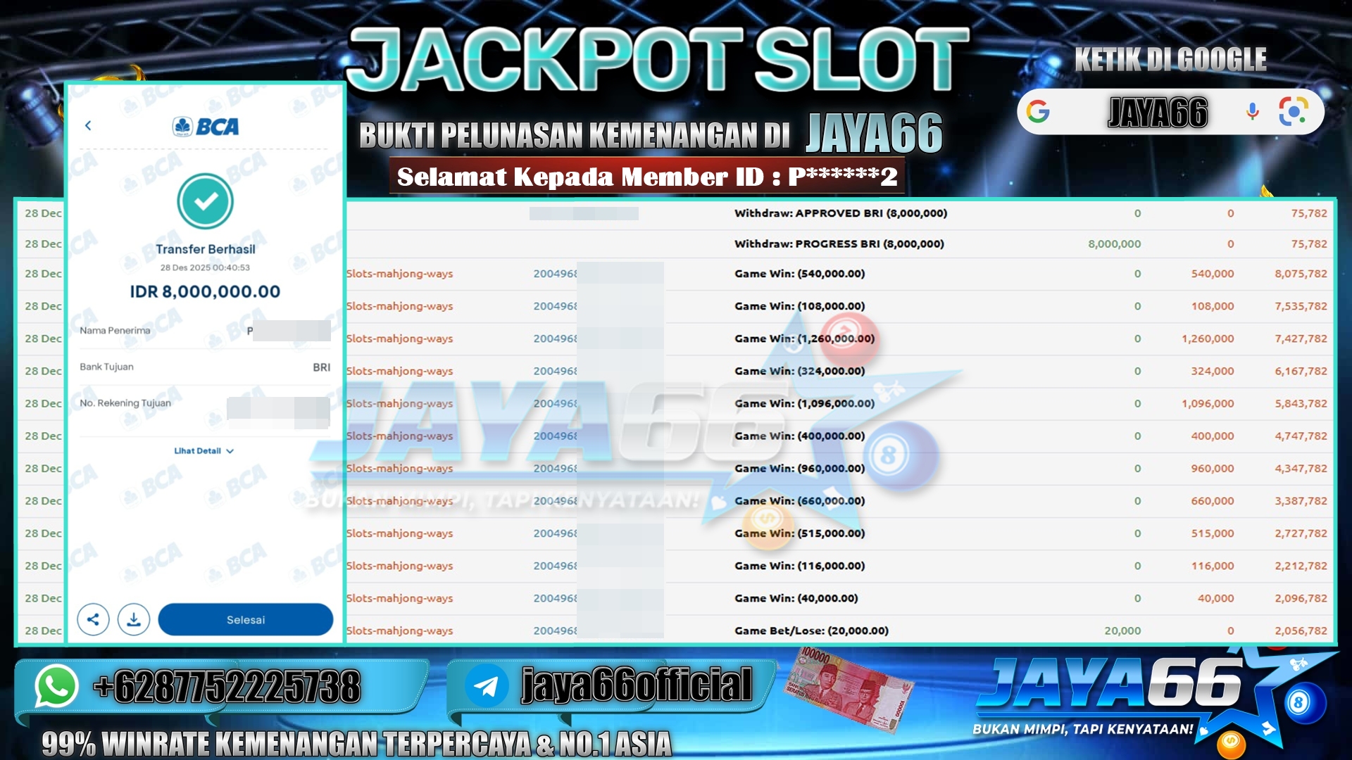 JAYA66 – BUKTI KEMENANGAN SLOT MAHJONG WAYS Rp. 8,000,000,- LUNAS