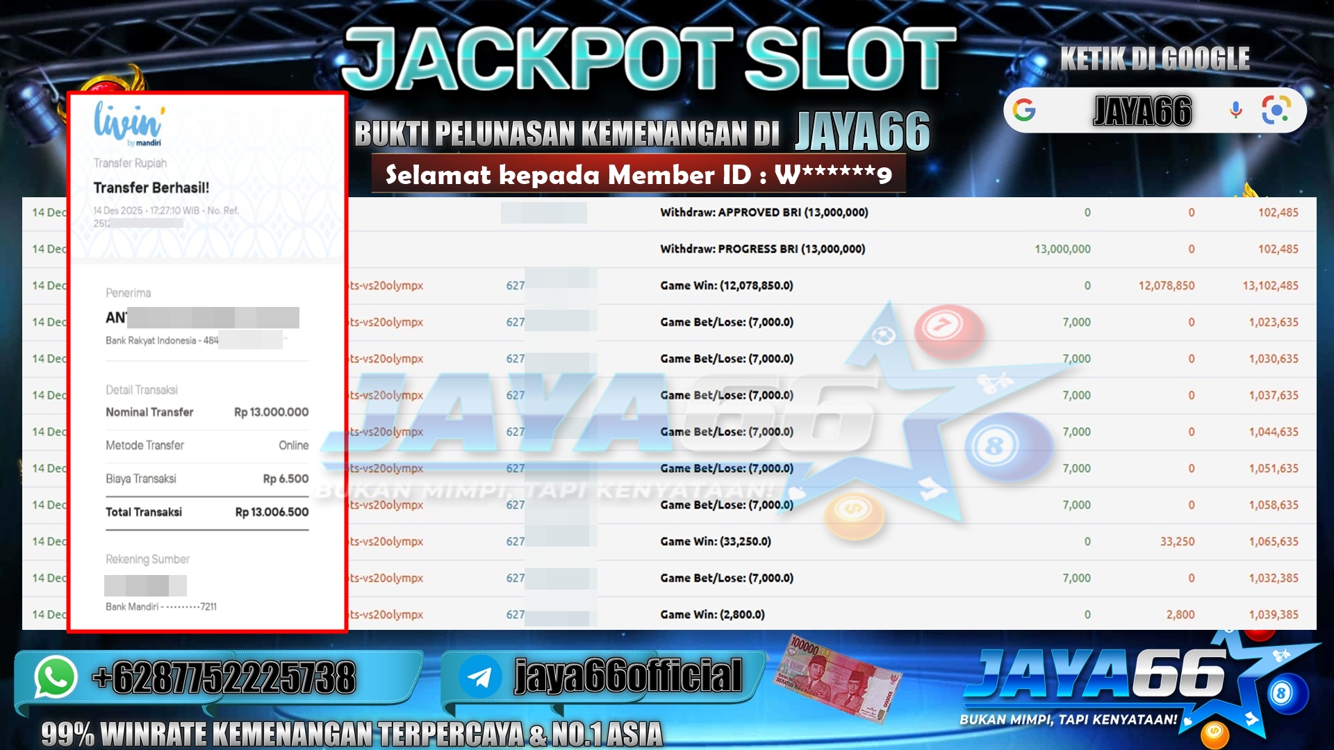 JAYA66 – BUKTI KEMENANGAN SLOT GATES OF OLYMPUS 1000 Rp. 13,000,000,- LUNAS