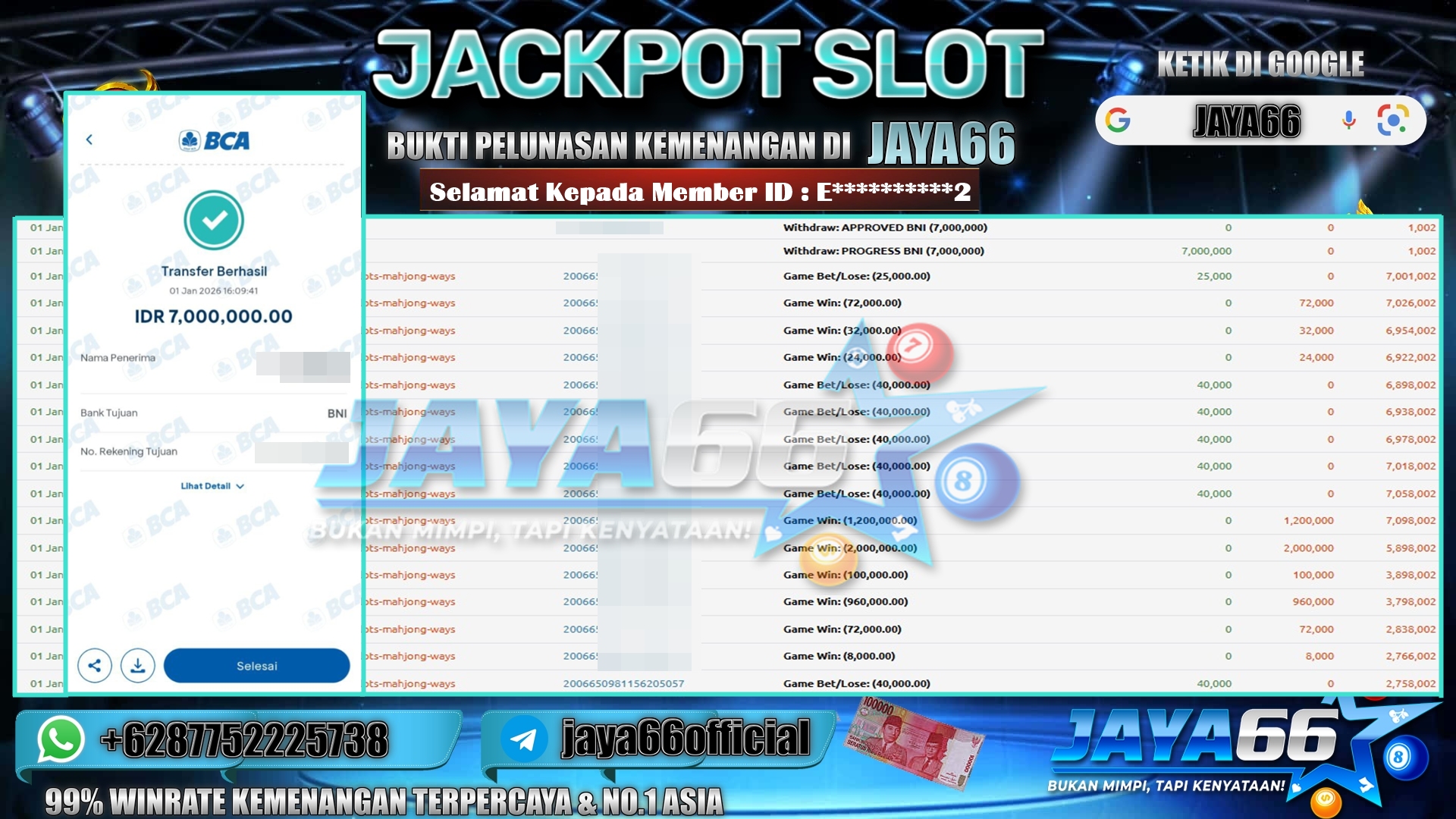 JAYA66 – BUKTI KEMENANGAN SLOT MAHJONG WAYS Rp. 7,000,000,- LUNAS