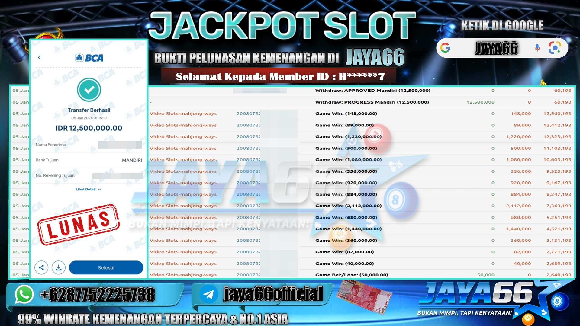 JAYA66 – BUKTI KEMENANGAN SLOT MAHJONG WAYS Rp. 12,500,000,- LUNAS
