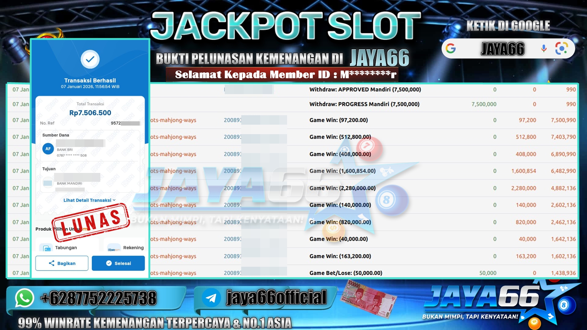 JAYA66 – BUKTI KEMENANGAN SLOT MAHJONG WAYS Rp. 7,500,000,- LUNAS