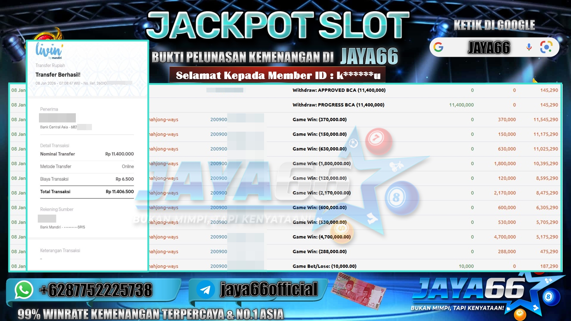 JAYA66 – BUKTI KEMENANGAN SLOT MAHJONG WAYS Rp. 11,400,000,- LUNAS