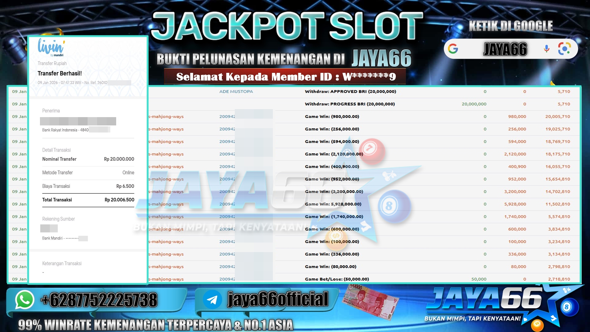 JAYA66 – BUKTI KEMENANGAN SLOT MAHJONG WAYS Rp. 20,000,000,- LUNAS