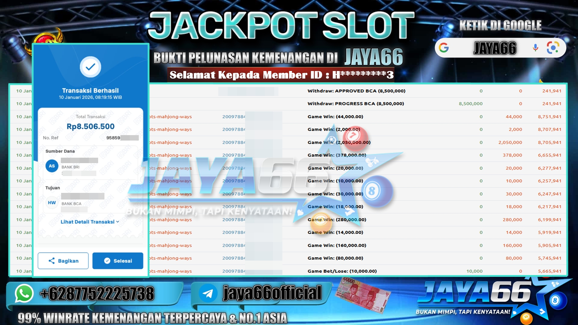JAYA66 – BUKTI KEMENANGAN SLOT MAHJONG WAYS Rp. 8,500,000,- LUNAS