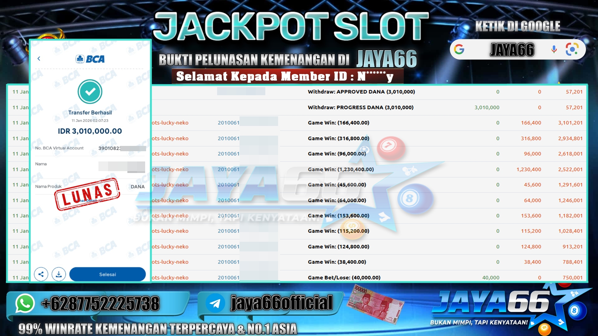JAYA66 – BUKTI KEMENANGAN SLOT LUCKY NEKO Rp. 3,010,000,- LUNAS