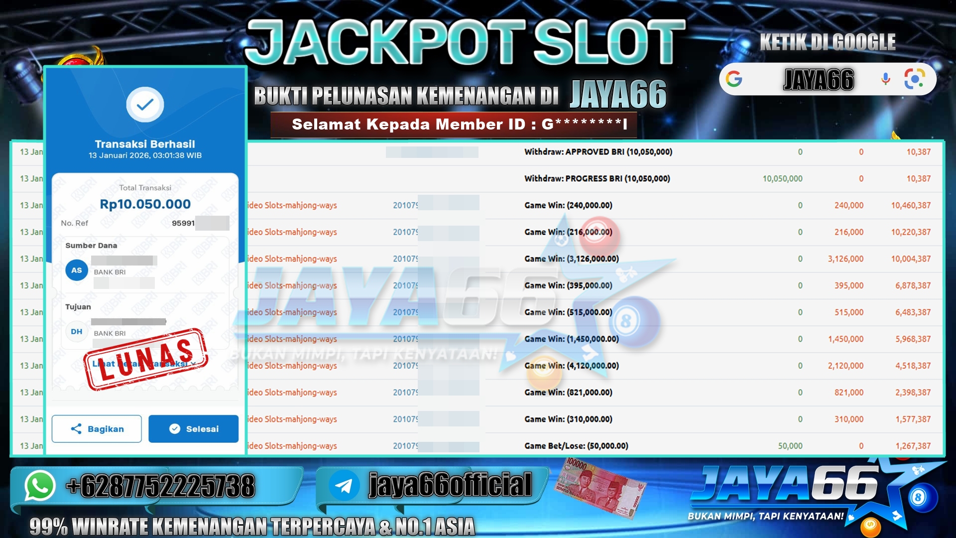 JAYA66 – BUKTI KEMENANGAN SLOT MAHJONG WAYS Rp. 10,050,000,- LUNAS